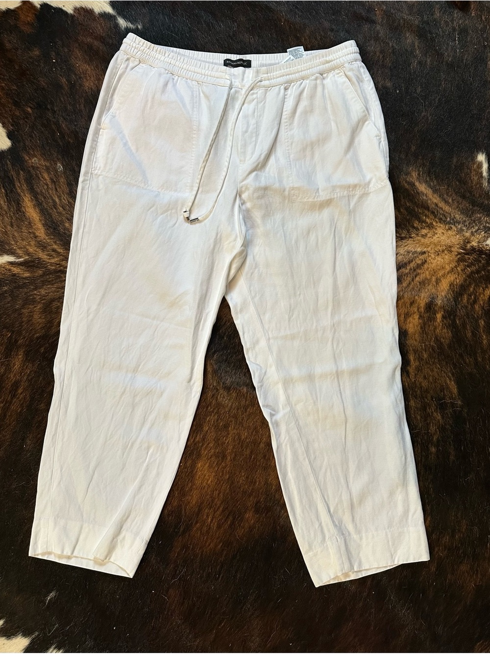 Banana Republic White Linen Blend Pants, 24" Inseam, Elastic Drawstring Waist